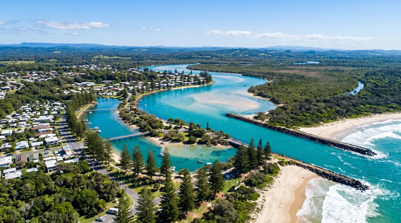Aerial view of Brunswick Heads where the river meets the ocean