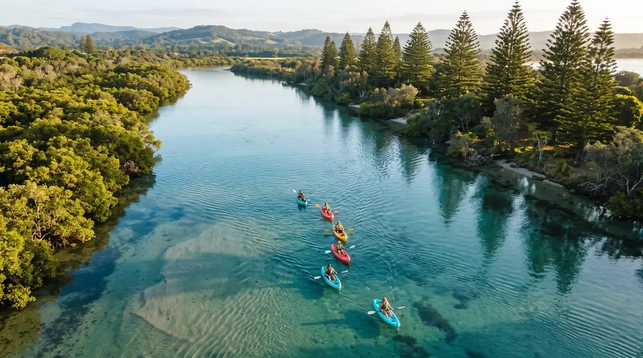 Aerial view of a line of colourful kayaks paddling the turquoise Brunswick River lined with Norfolk pines